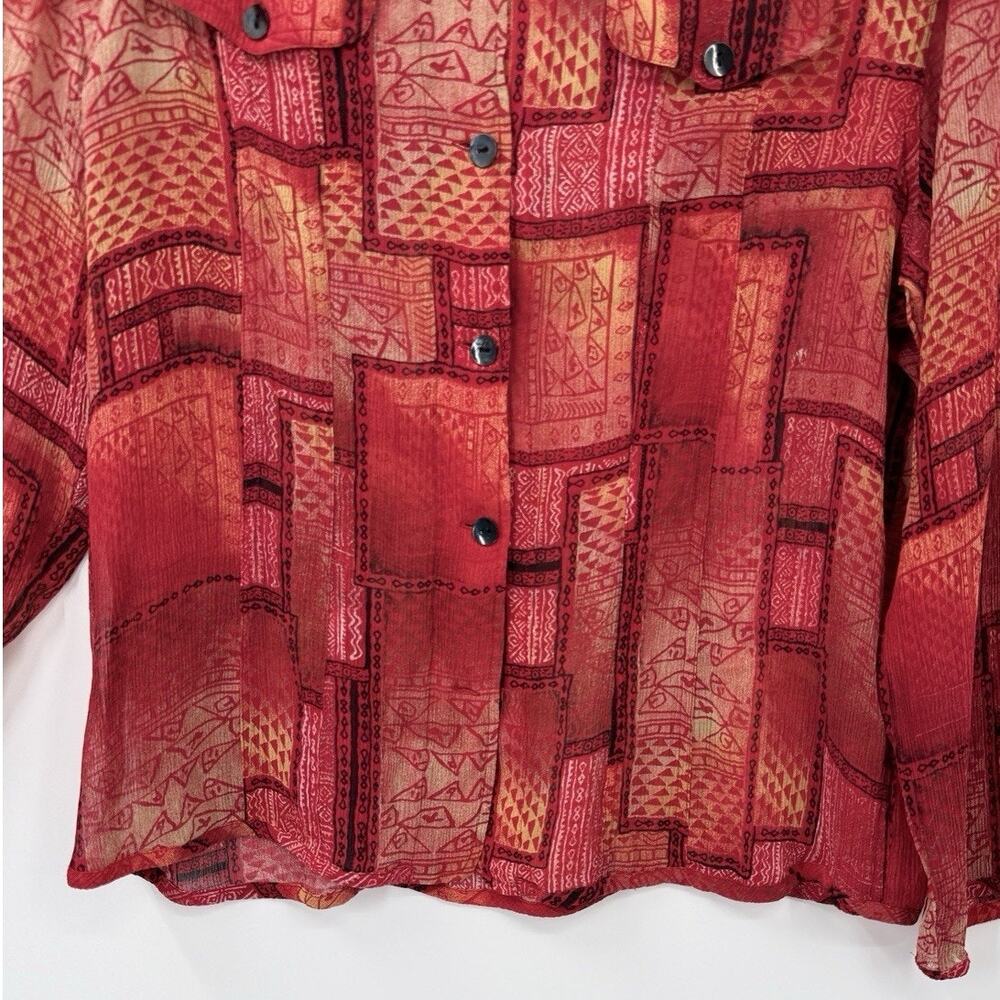 Chicos 3 Silk Crepe Button Up Top XL Red Patchwork Print Long Sleeve Artsy - Picture 3 of 11